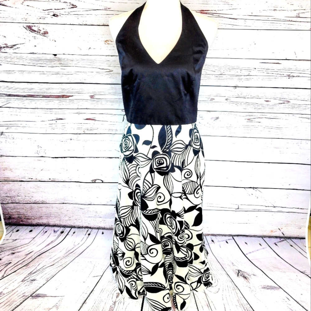 Liz Claiborne Black And White Floral Halter Dress Summer Boho